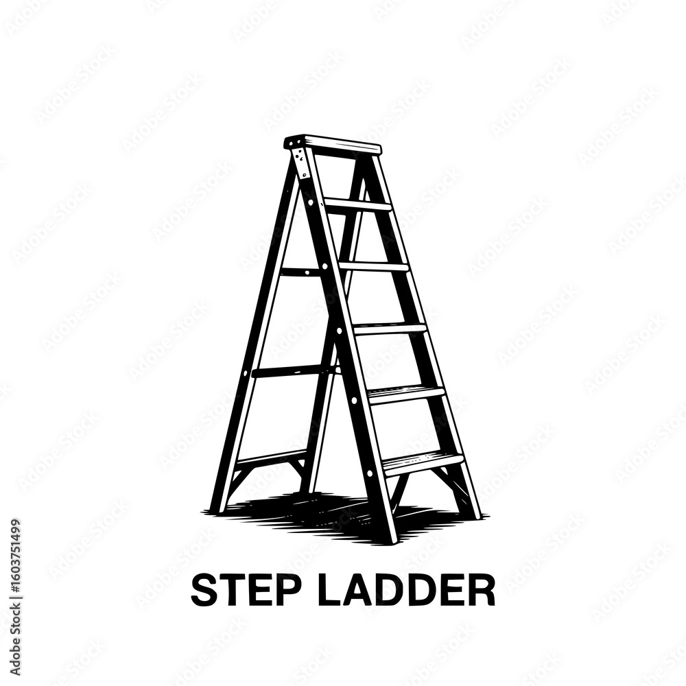 Poster step ladder illustration: a monochrome line art drawing of a classic step ladder, showcasing its sim