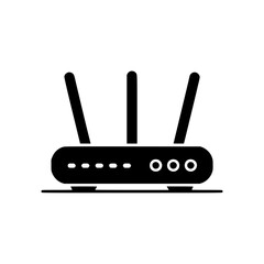 Obraz premium Wireless Router Icon: A simple black and white vector illustration of a modern wireless router, showcasing its three antennas and connection ports.