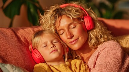 Mother and child enjoying music together with headphones.