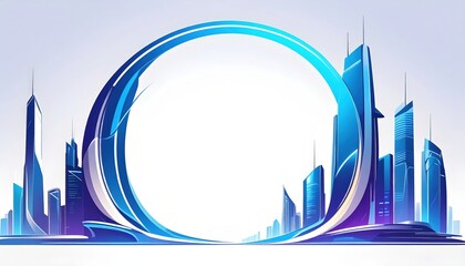 Futuristic city skyline with sleek buildings and a large circular structure in the foreground