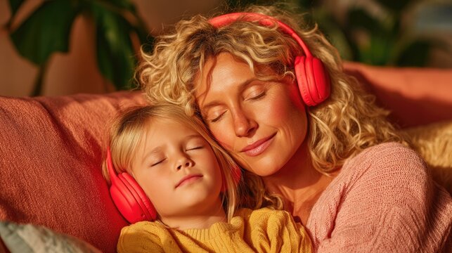 Mother and child enjoying music together with headphones. - Powered by Adobe
