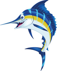 Smiling blue cartoon marlin fish vector, happy swordfish illustration, colorful sea animal artwork, ocean marine life design for kids