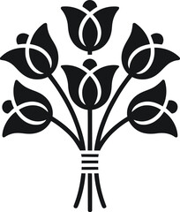 Stylized black silhouette of a bouquet of tulips tied with twine