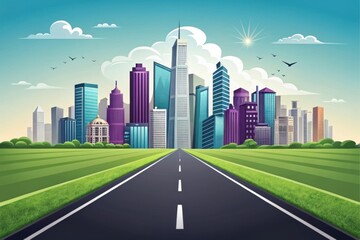 Obraz premium Cityscape illustration with road leading to skyscrapers and urban buildings