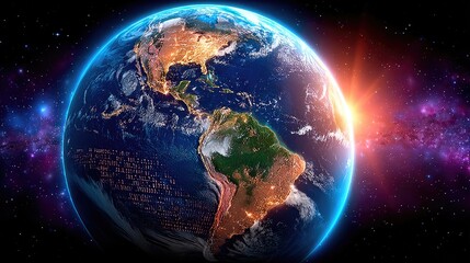 Fototapeta premium Vibrant view of Earth with stars and sunlight in the background.