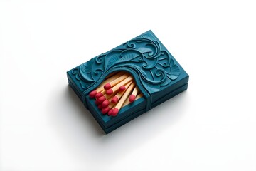 Decorative matchbox crafted from layered papier-mâché in rich teal color, featuring intricate sculpted textures and vibrant red match tips, placed on a white background.

