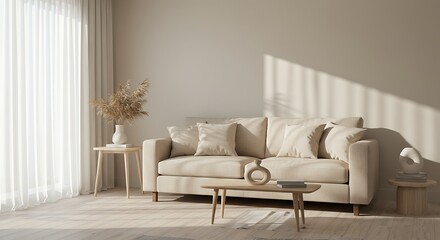 Serene living room interior with beige sofa, sunlight streaming through sheer curtains, and minimalist decor.
