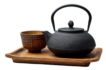 A black cast iron tea set on a wooden tray