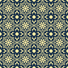 Seamless chinese traditional pattern featuring stylized quatrefoil and floral motifs with dotted details in elegant gold on a deep navy blue background. Ideal for sophisticated textile or digital d