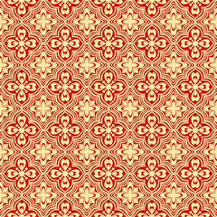 Fototapeta premium Seamless ornate chinese pattern with intricate heart-like and floral motifs, accented with dots, in auspicious red and gold. Ideal for festive, luxurious, or traditional Asian design projects.