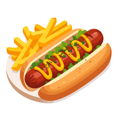 Illustrated hot dog with mustard and relish, served with a side of golden french fries on a plate.