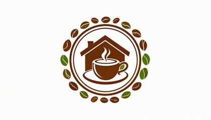 Cozy coffee shop logo featuring a steaming cup and house surrounded by coffee beans