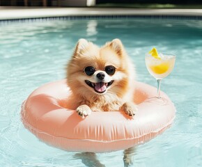 A cute Pomeranian dog in sunglasses floats on a pink ring in a sparkling pool with a cocktail, capturing summer fun and relaxation