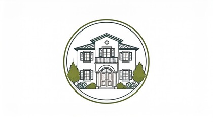 Elegant two-story house illustration with greenery and circular design, suitable for real estate
