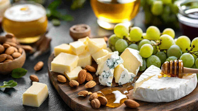 Cheese board with grapes nuts honey and crackers on rustic table for food photography wine ads lifestyle brands and gourmet visuals