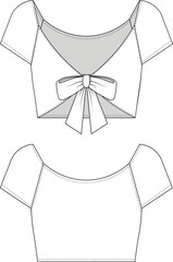 short cap sleeve v neck lowcut cutout with ribbon crop cropped coquette blouse top tshirt tee template technical drawing flat sketch cad mockup fashion woman design style model 
