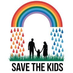 Family under rainbow with falling tears symbolizing hope and sadness vector illustration transparent background