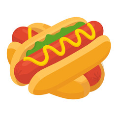 Two classic American hot dogs in buns, topped with yellow mustard and green relish, in a flat vector style.