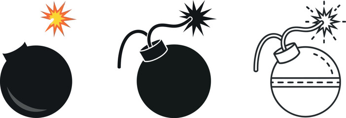Three bomb illustrations each with a different design and style on a white background in a vector image