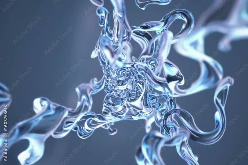 Poster abstract water shapes, swirling and fluid, creating dynamic forms in a cool-toned scene