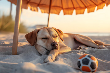 dog sleeping under beach umbrella summer background