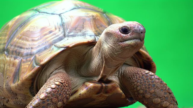 Detailed close-up of a tortoise with a patterned shell and textured skin, isolated on a vibrant green background.