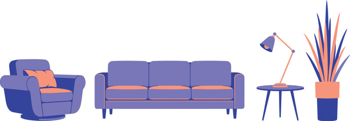 Illustration of a purple living room set with a couch chair table lamp and plant on a white background