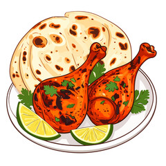 Illustrated Tandoori chicken drumsticks with naan bread, fresh cilantro, and lime wedges on a plate.