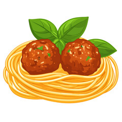 Illustrated nest of spaghetti pasta with two savory meatballs and a fresh basil sprig.