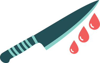 A teal knife with a striped handle and three red blood droplets falling from the blade on white background