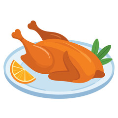 Festive roasted turkey illustration with golden skin, served on a blue plate with orange and sage garnish.