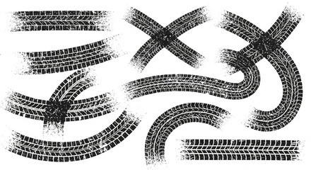 Dirty tire tracks texture set - grunge textures. Tire tracks after skidding, launch, drift, powerslide in motorsport, rally, off-road, motocross. Wheel texture with splash effect.