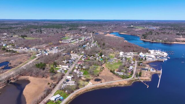 Taunton River aerial view in spring including Shaw's Boat Yard and Taunton Yacht Club in town of Dighton, Massachusetts MA, USA. 