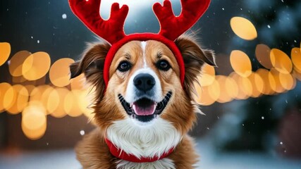 dog wearing red scarf and reindeer antlers headband sitting outdoors in winter holidays with Christmas lights in the background - Powered by Adobe