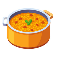 Hearty lentil and bean soup in a modern orange cooking pot, garnished with a sprig of fresh mint.