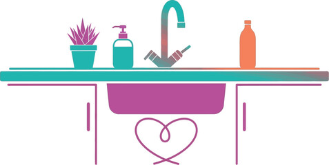 A stylized illustration of a sink with a plant soap dispenser and bottle on a counter with a heart design