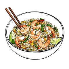 Colorful sketch of Asian shrimp fried rice in a white bowl with chopsticks, prawns, vegetables, and fresh lime.