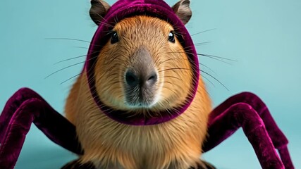 Studio shot of adorable capybara wearing purple spider costume sitting on turquoise seamless background