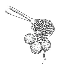 Engraving style illustration of a fork lifting tangled spaghetti and three meatballs.