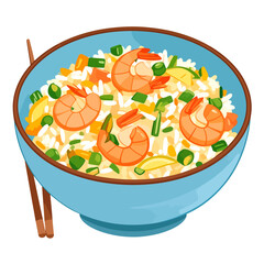 Illustrated bowl of Asian shrimp fried rice with prawns, vegetables, and chopsticks.
