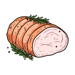 Illustrated roasted ham roll, partially sliced and garnished with fresh rosemary sprigs and black peppercorns.