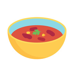Yellow ceramic bowl of red tomato soup with kidney beans, corn, and a green herb garnish.