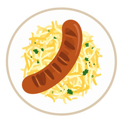 A flat vector illustration of a grilled sausage served over sauerkraut with fresh parsley garnish on a plate.