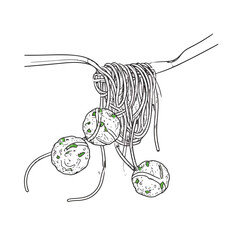 Line art illustration of spaghetti and meatballs with green herbs twirled on a fork.