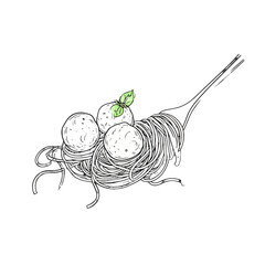 Hand-drawn sketch of spaghetti and meatballs with a green basil leaf twirled on a fork.