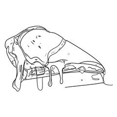 Line art drawing of a slice of pie with a large scoop of melting ice cream dripping down the sides.