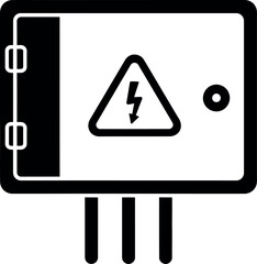 A black and white illustration of an electrical box with a warning sign and three vertical lines