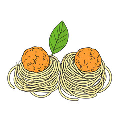 Stylized illustration of two spaghetti nests with meatballs and a fresh basil leaf garnish.