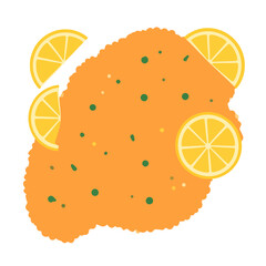 Golden breaded schnitzel cutlet garnished with fresh lemon slices and green herbs.