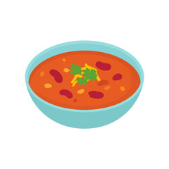 A hearty bowl of chili con carne soup with red kidney beans, garnished with shredded cheese and fresh cilantro.